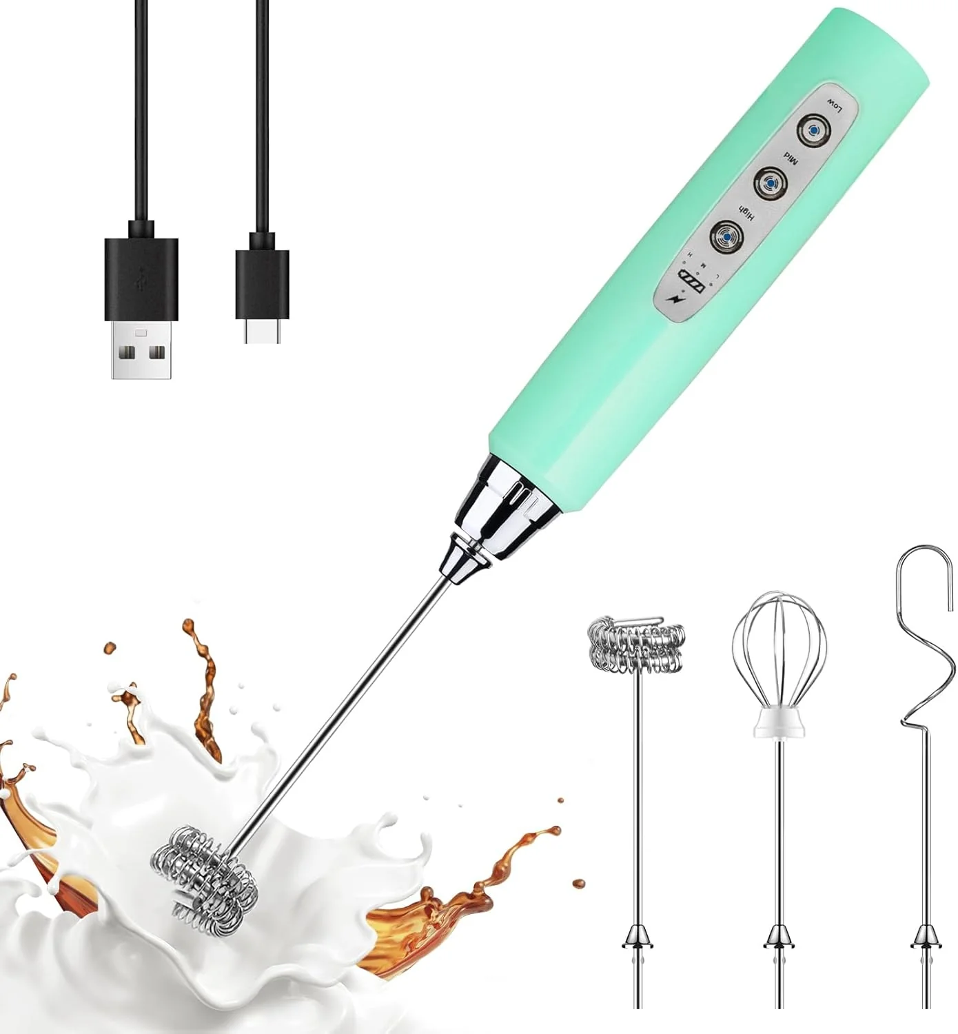Selected Yuswko Baby Blue Handheld Milk Frother Wand for Coffee Rechargeable Electric Whisk with 3 Heads 3 Speeds Drink Mixer Coffee Frother For Latte Fine