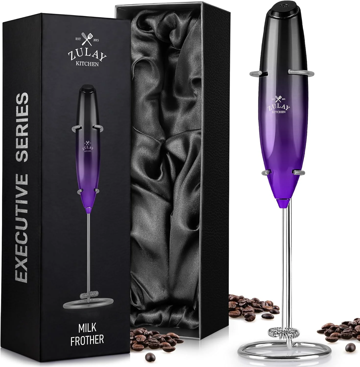 Top-Quality Zulay Kitchen Executive Series Milk Frother Wand - Upgraded Improved Stand - I Coffee Gift - Coffee Frother Handheld Foam Maker For Lattes Optimized
