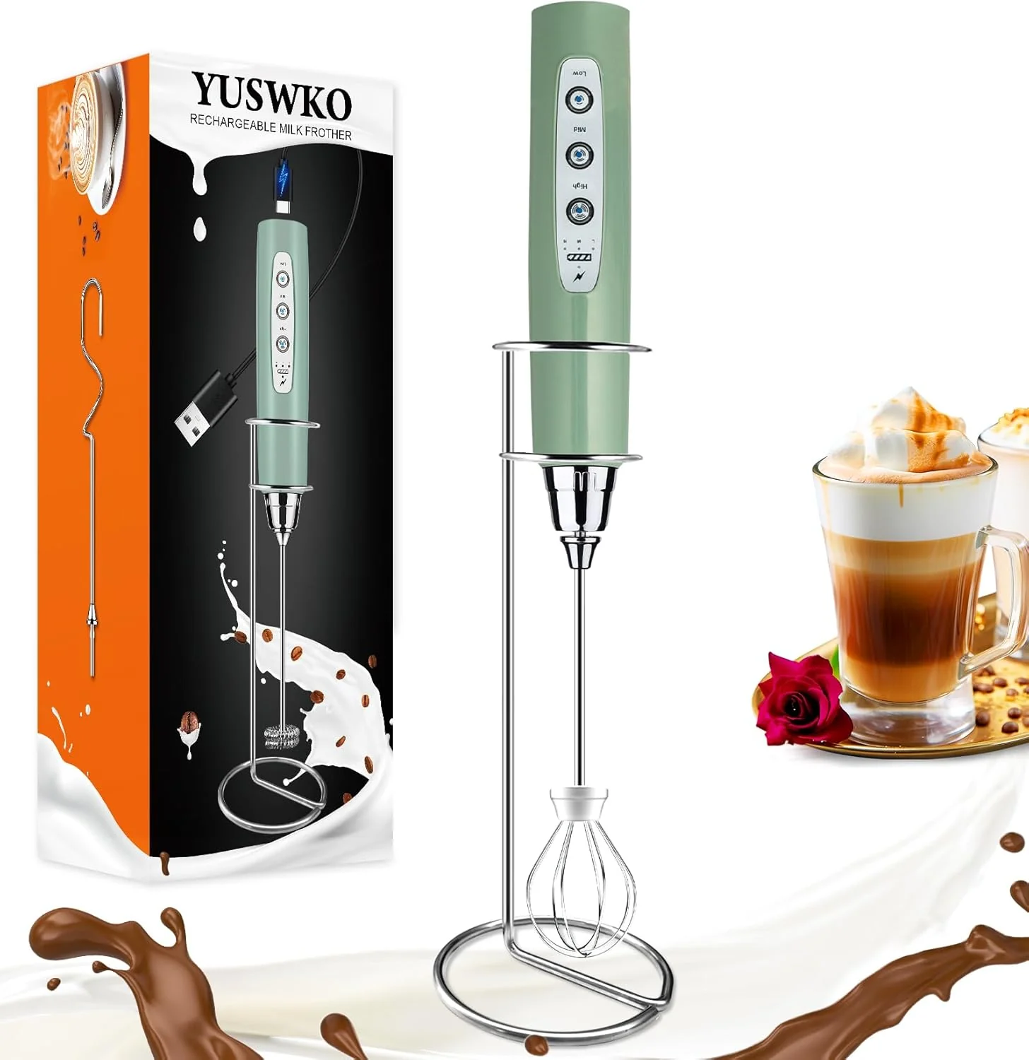 Safe Yuswko Granite Rechargeable Milk Frother for Coffee with Stand Handheld Drink Mixer with 3 Heads 3 Speeds Electric Stirrers for Latte Cappuccino Superior