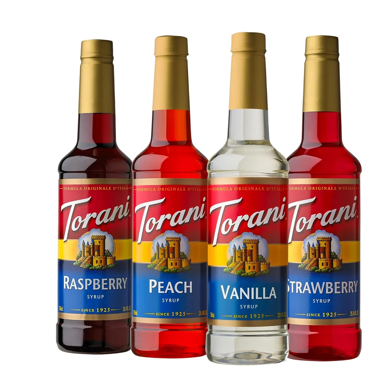 Innovative Torani Flavored Drink Syrup Soda Shop Variety Pack Raspberry Peach Vanilla Strawberry 25.4 fl oz Set of 4 Long-Lasting