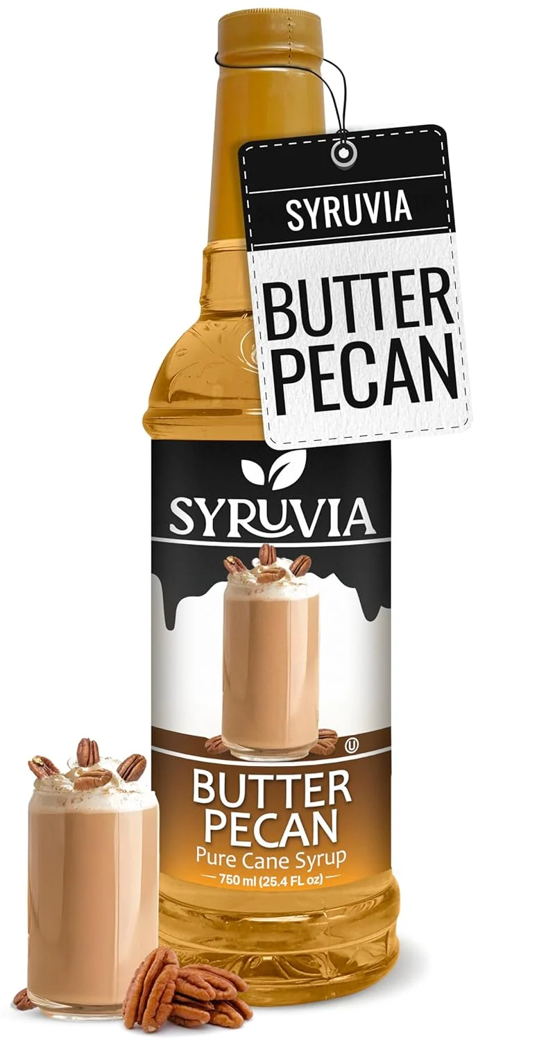 Healthy Syruvia Butter Pecan Syrup For Coffee 25.4 Oz. - Kosher Gluten No Coloring for Drinks Soda Shakes Desserts and More. Pure
