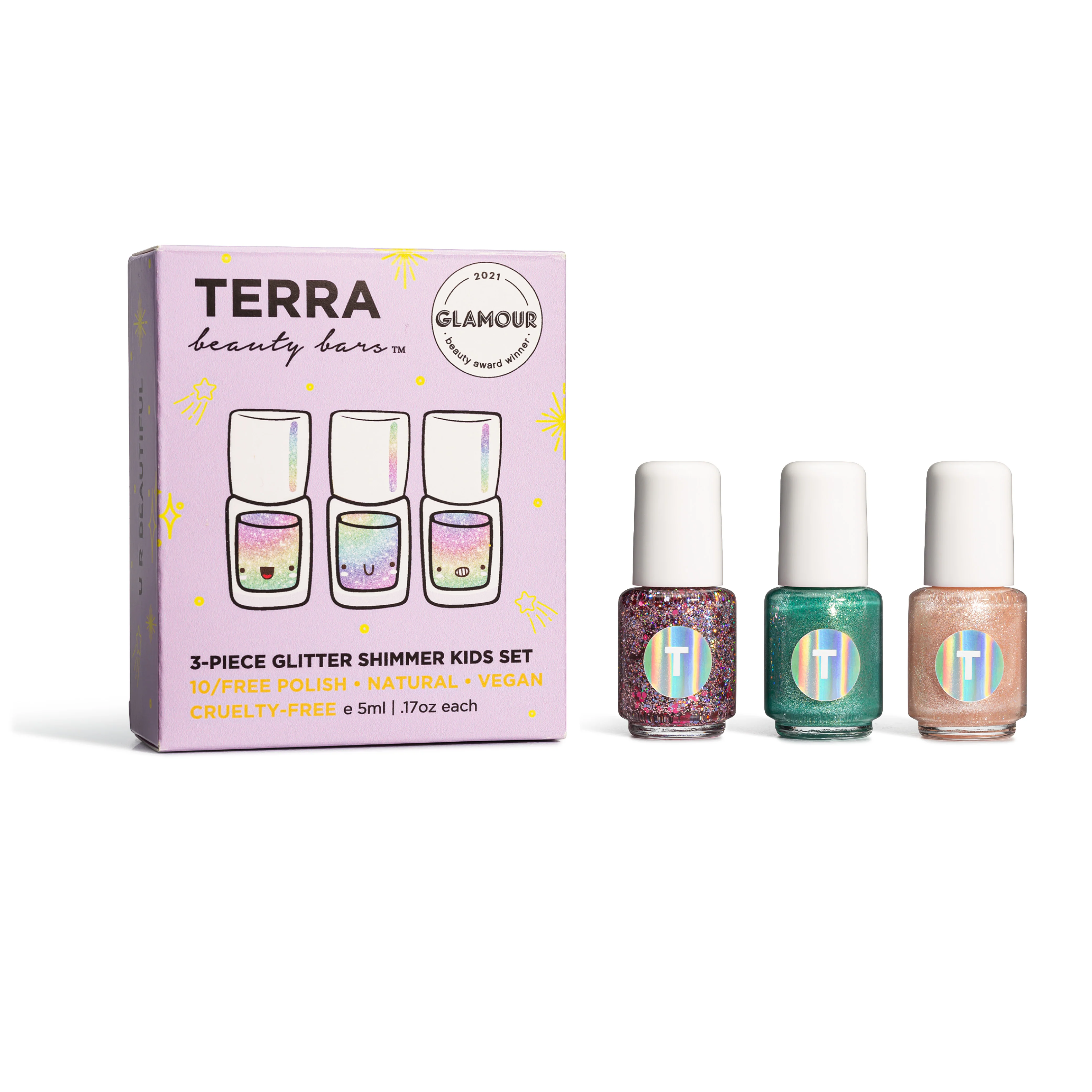 Outstanding Terra Beauty Bars Kids 3-Piece Glitter Shimmer Nail Collection Organic