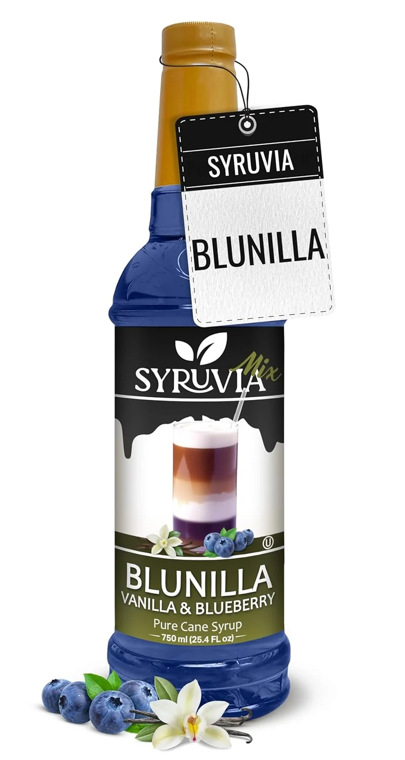 Modern Syruvia Blunilla Coffee Syrup Vanilla Blueberry - 25.4 fl oz - Kosher Syrups Gluten No Coloring for Drinks Soda Shakes Desserts Prestigious