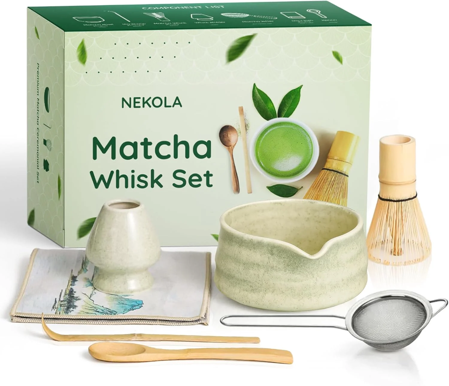 Fashionable Nekola Matcha Whisk Set 7Pcs Matcha Bowl Bamboo Whisk Whisk Holder Spoon Scoop Convenient