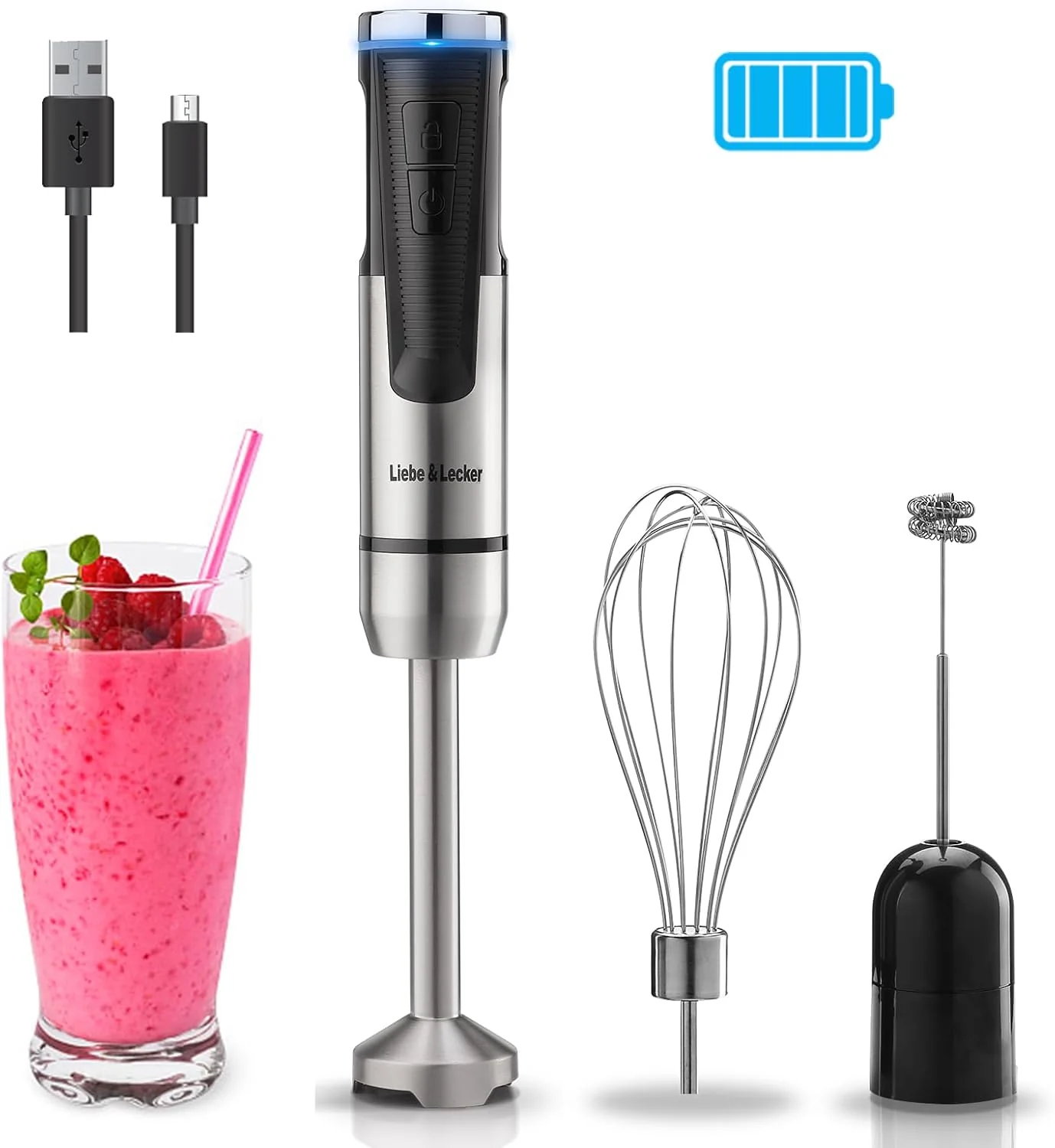 Pure Liebe Lecker Cordless Hand Blender Immersion Blender Handheld USB Rechargeable 8 Variable Speeds with Whisk Milk Frother Attachments Recyclable