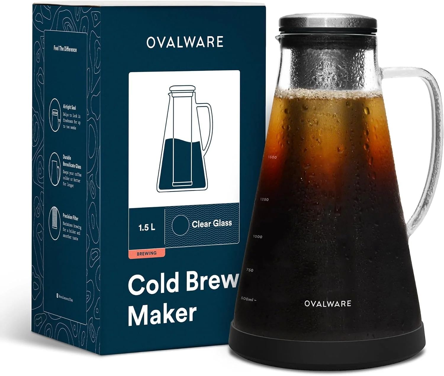 Elegant OVALWARE Airtight Cold Brew Coffee Maker with Tea Infuser amp Spout 1.5L 51oz Borosilicate Cold Brew Coffee amp Iced Tea Maker with Removable Strainer amp Spout I for Home Baristas amp Tea Enthusiasts Soft