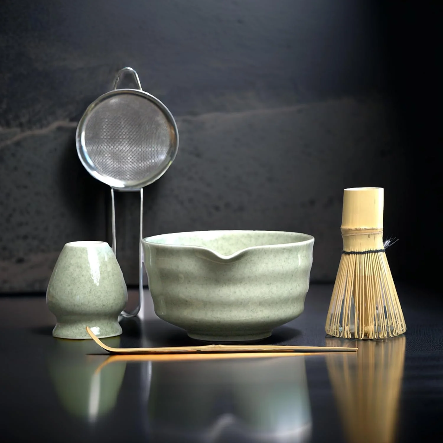 Secure Matcha Whisk Set Matcha Set Handcrafted Bamboo Chasen Ceramic Bowl Matcha Kit 5 Pcs Matcha Set Whisk and Bowl with Stainless Steel Sifter Eco-Friendly