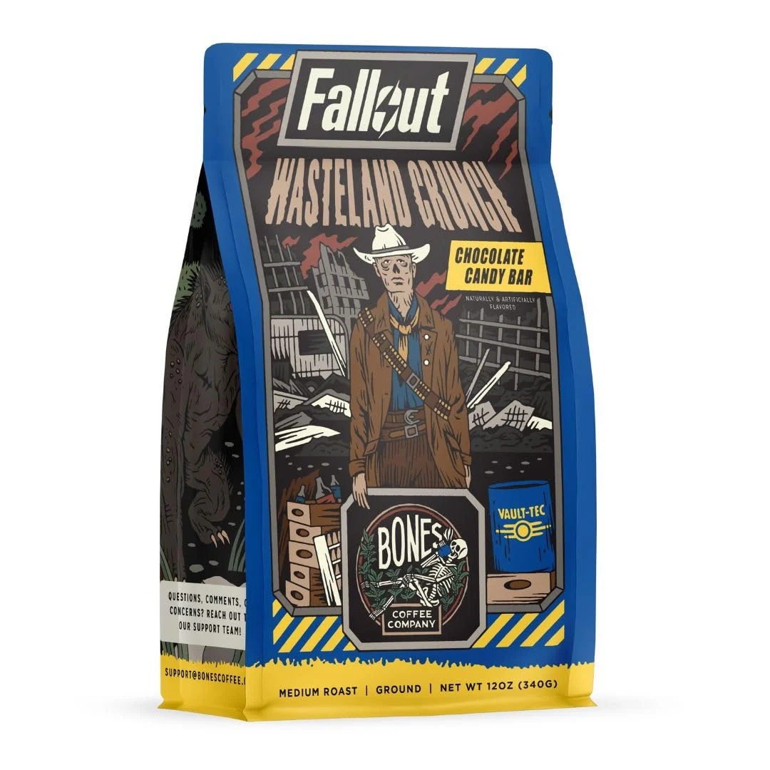 Efficient Bones Coffee Company Fallout Wasteland Crunch Chocolate Candy Bar Flavored Coffee Medium Roast Low Acid Arabica Beans Compatible with Auto drip and French Press Coffee Maker 12 Oz Ground Enhanced