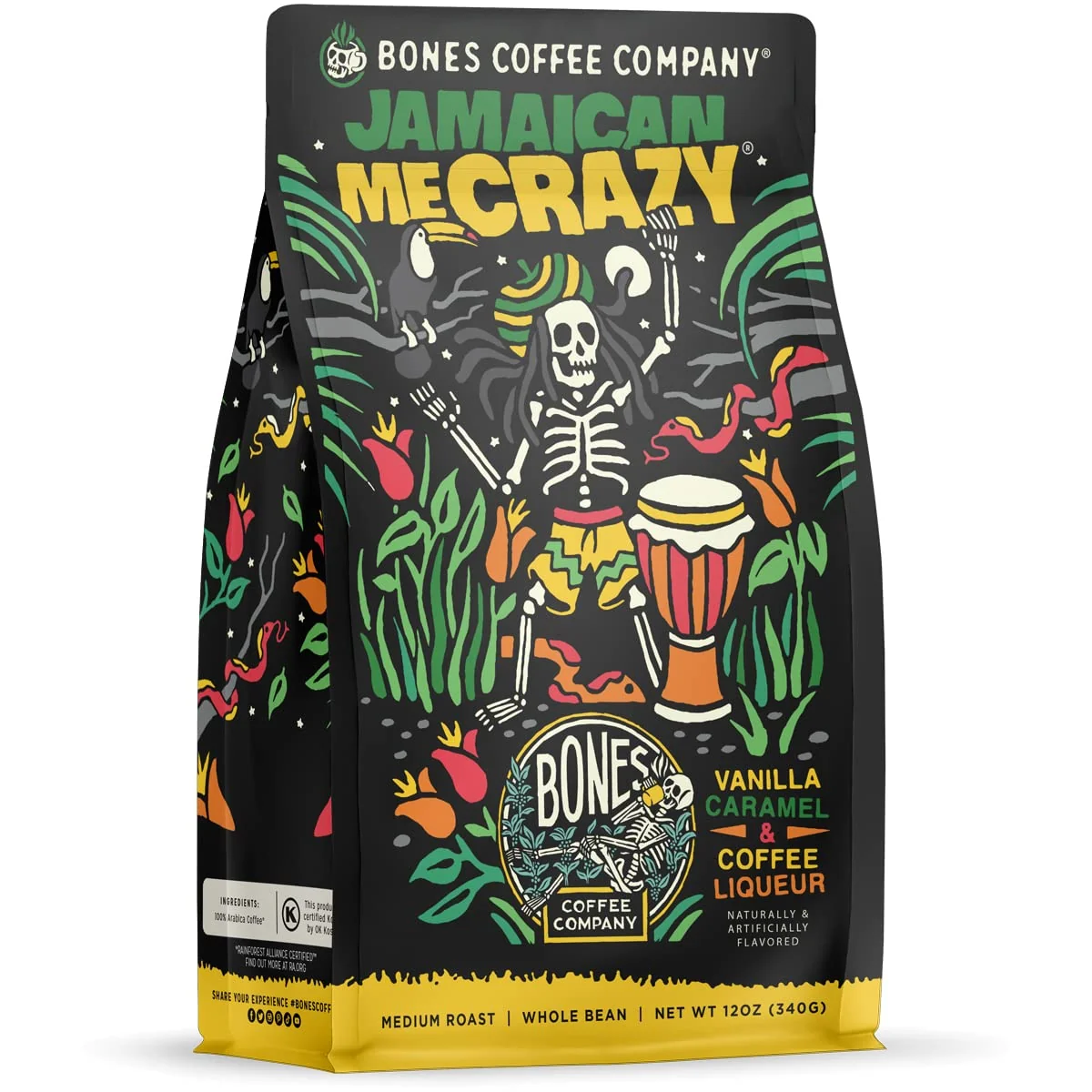 Safe Bones Coffee Company Jamaican Me Crazy Vanilla Caramel Flavored Coffee Medium Roast Low Acid Arabica Beans Compatible with Auto drip and French Press Coffee Maker 12 Oz Ground High-Performance