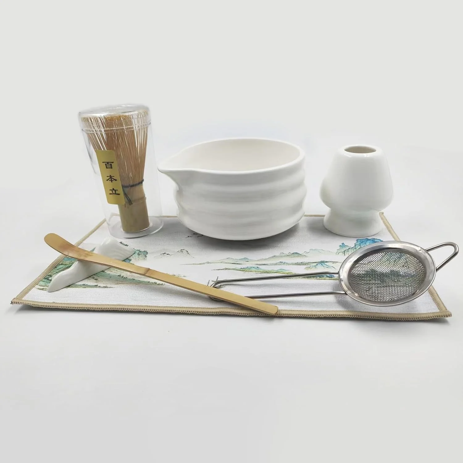 Relaxed Matcha Whisk Set White Ceramic Matcha Bowl Set with Bamboo Whisk Holder Scoop Rest Sifter and Towel – Complete 7 PCS Japanese Matcha Kit Sophisticated