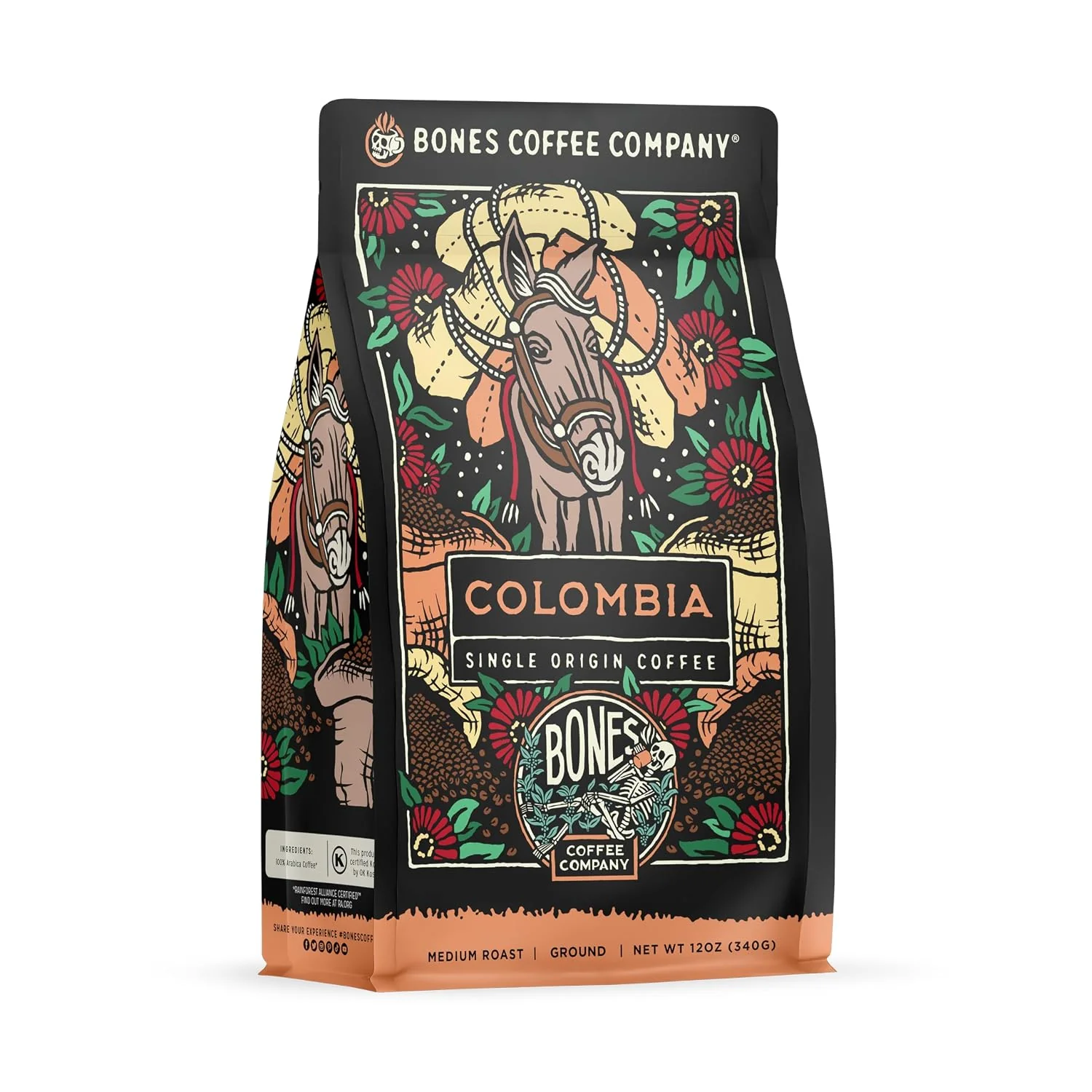 Premium Material Bones Coffee Company Colombia Single-Origin Coffee Almonds Dried Fruit Vanilla Notes Flavored Ground Coffee Medium Roast Low Acid Arabica Beans for Coffee Maker 12 oz Ground Original Design