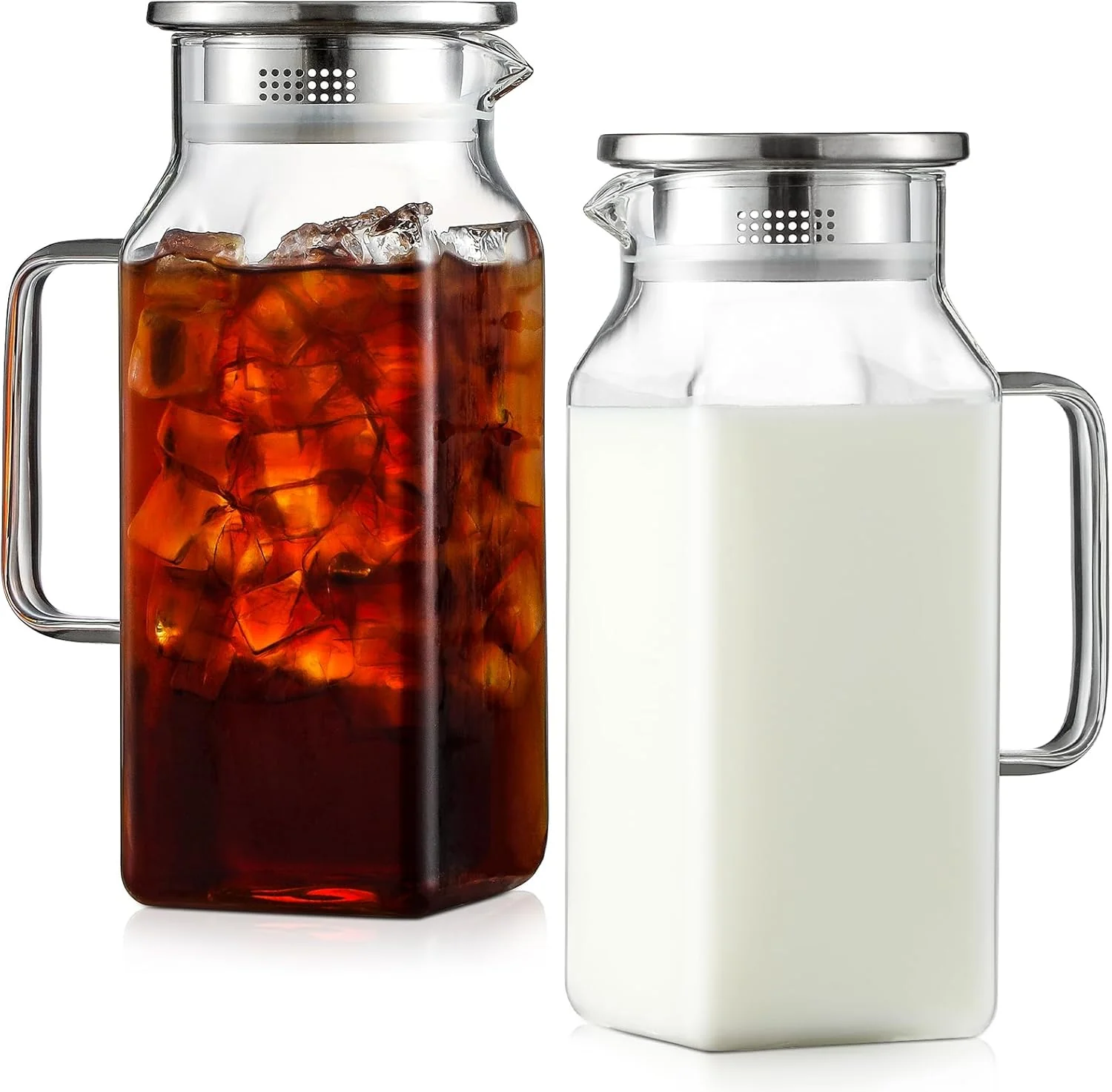 Environmentally Friendly Netany 2 Pack 1.2 Liters 40 oz Small Square Glass Pitcher with Lid and Handle for Fridge Iced Tea and Coffee Carafe Storage Container Durable