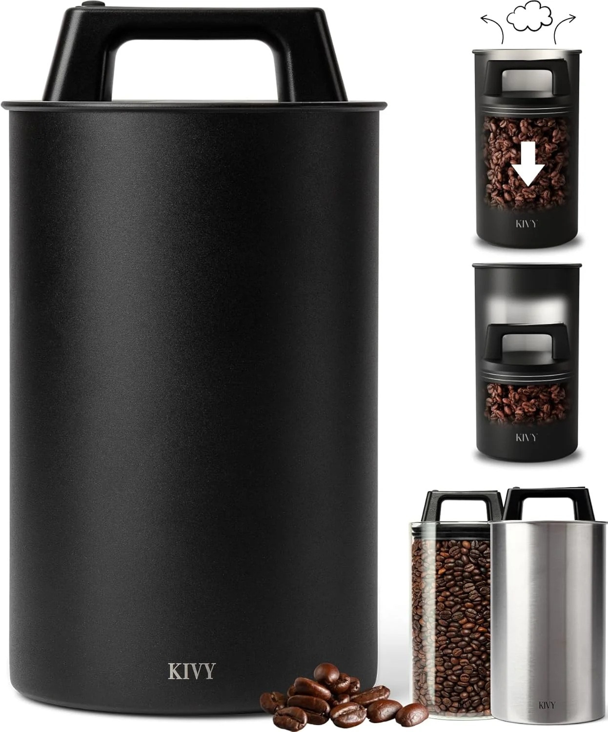 Original Kivy Vacuum Coffee Canister Large - Push Lid Preserves Aroma Oil - Stainless Steel Airtight Canister Functional
