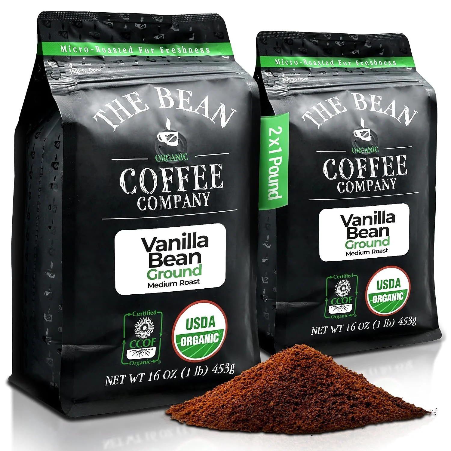 Clean The Bean Organic Coffee Co. Vanilla Bean Medium Roast Ground 2 x 1 lb Classic fragrant vanilla bean. Organic ground coffee. Medium Roast. 2 x 1 lb. Safe