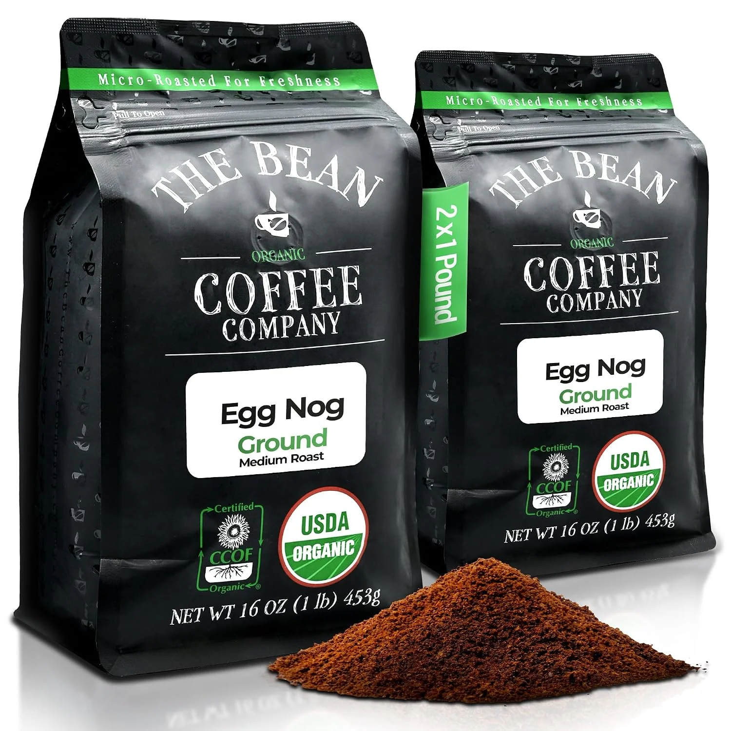 Premium Material The Bean Organic Coffee Co. Egg Nog Medium Roast Ground 2 x 1 lb Creamy egg nog nutmeg and vanilla. Organic ground coffee. Medium Roast. 2 x 1 lb. First-Class