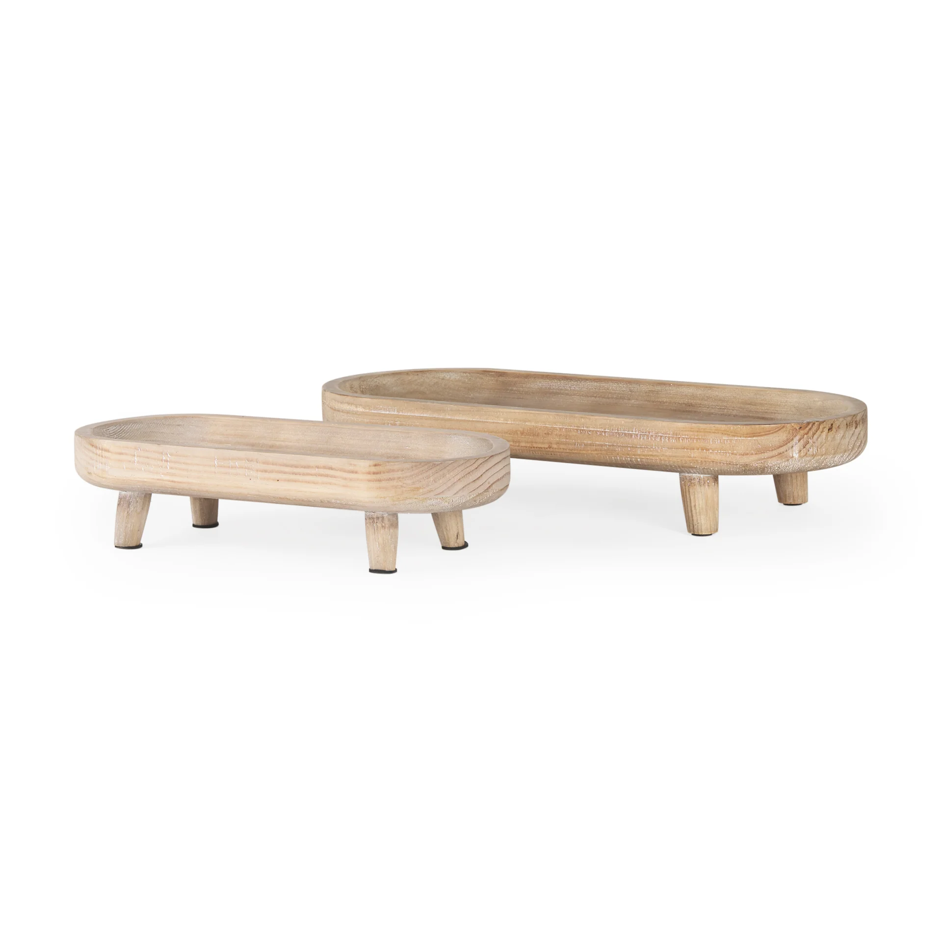 Unique Carver Set of 2 Oblong White Washed Wood Footed Trays Next-Generation