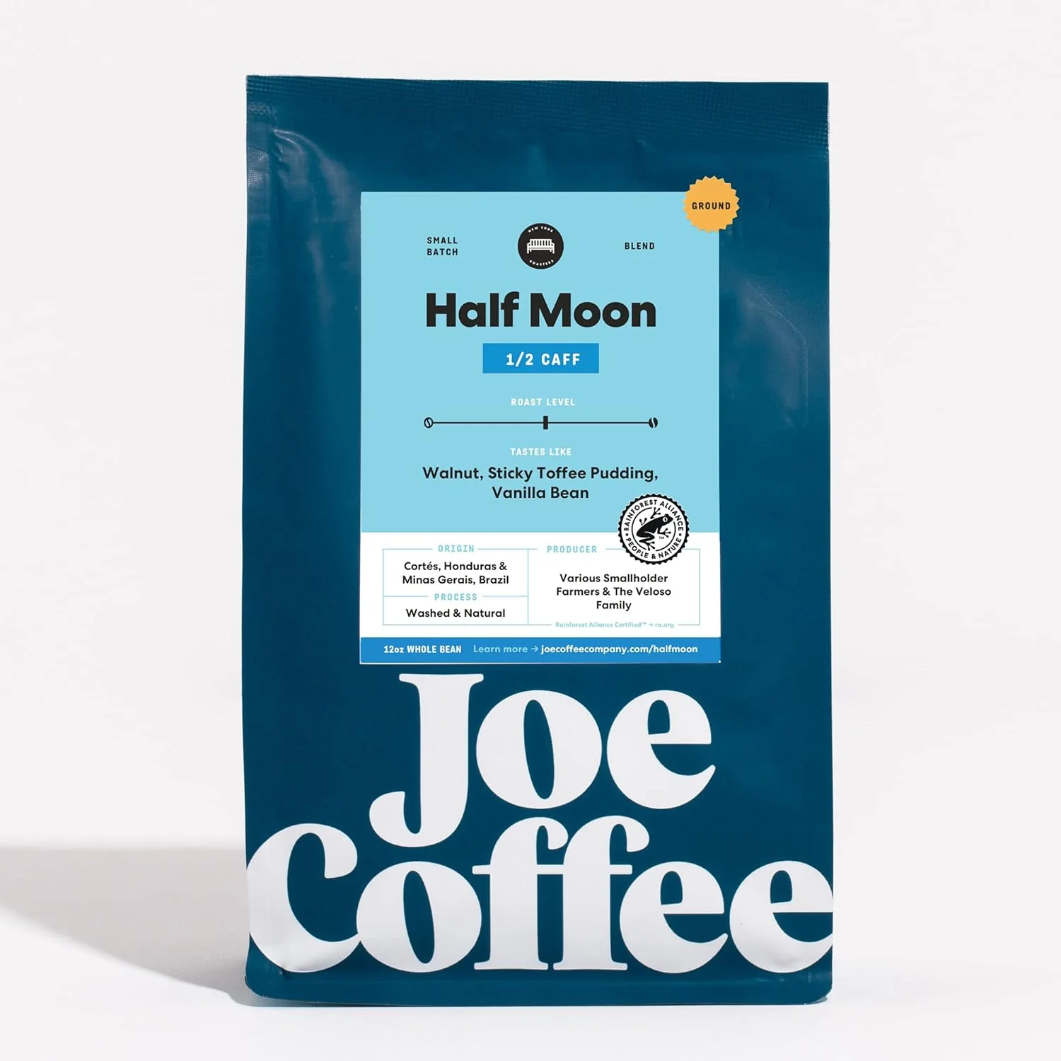 Original Design Joe Coffee Company NYC Roaster Half Moon Half Caffeinated Ground Specialty Coffee 12 oz Bag Rainforest Alliance Kosher Elite