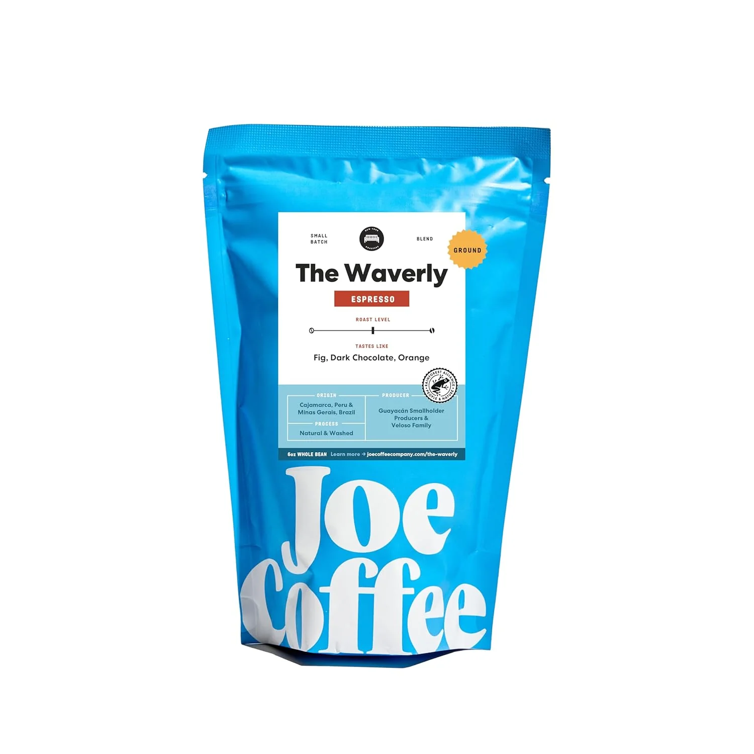 Exclusive Joe Coffee Company - The Waverly Ground Coffee 6 oz Bag NYC Roaster RFA Kosher Climate-Friendly Specialty Grade Consistent