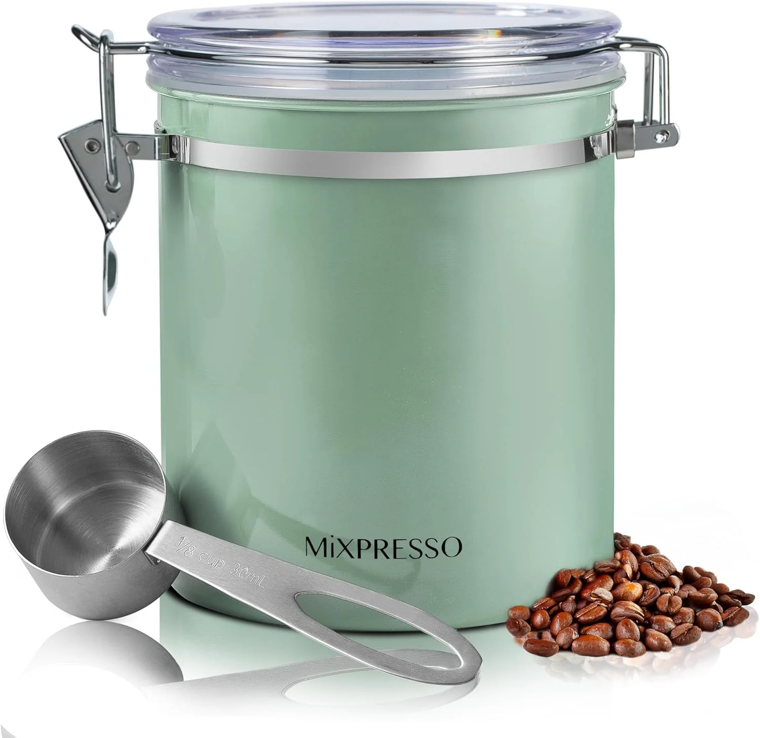 Refined Mixpresso Green Coffee Canister 16oz Airtight Stainless Steel Kitchen Food Storage Container with Clear Lid and Spoon. for Grounds Coffee Beans Original Design