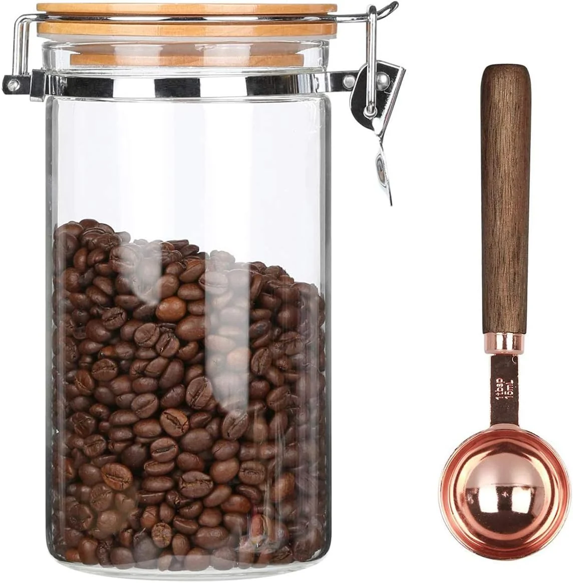 High-End KKC HOME ACCENTS 40 oz Glass Coffee Container Holds 1 lb Coffee Beans with Airtight Bamboo Lid and 1 Tbsp Wood Spoon - Clear Coffee Jar Canister for Grounds Storage Aesthetic Kitchen Counter Decor Easy-to-Use