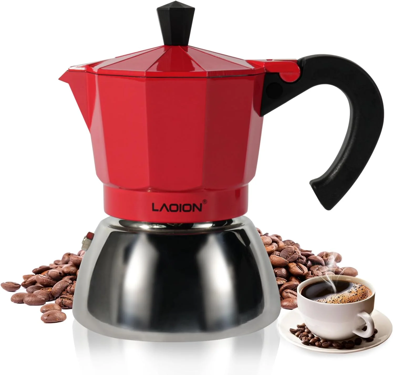 Premium LAOION Stovetop Espresso Maker 3Cup Moka Pot Espresso Machine Compatible with Induction Cooktops 150ml Stainless Steel amp Aluminum Cuban Coffee Maker for Cafetera Cubana Red Premium Material