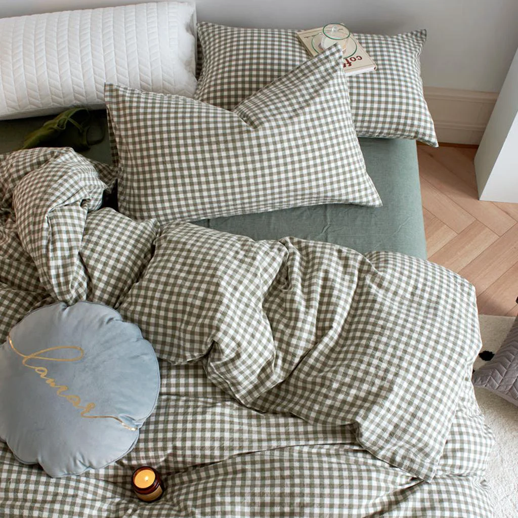 Fine Crafted Cotton Small Gingham Duvet Cover - Green Verified