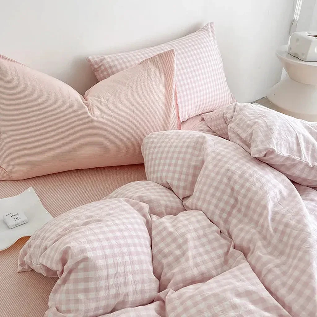 Pure Cotton Small Gingham Duvet Cover - Baby Pink Professional