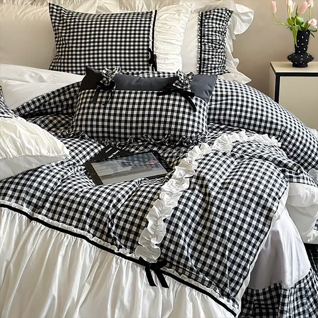 Reliable Black Gingham with Bow Ruched Duvet Cover Casual