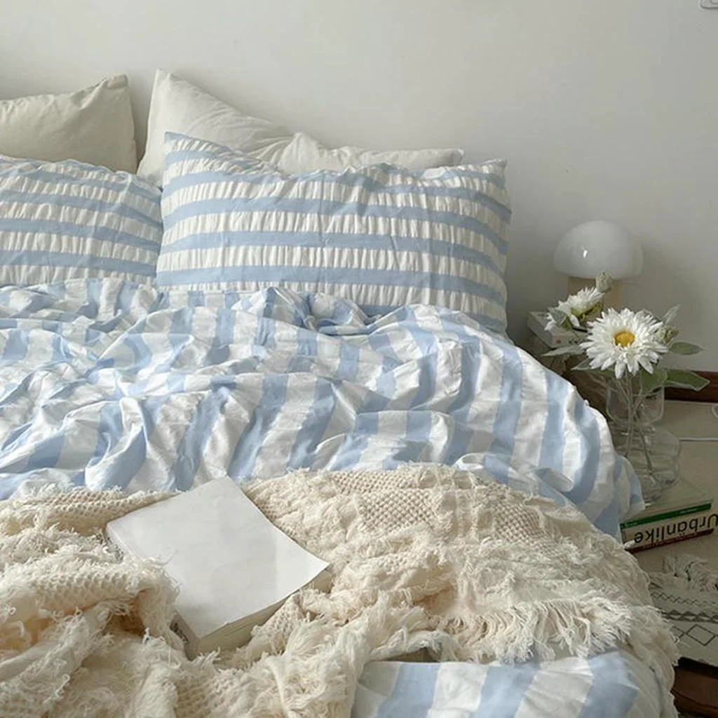 Lightweight Baby Blue Striped Seersucker Duvet Cover Long-Lasting