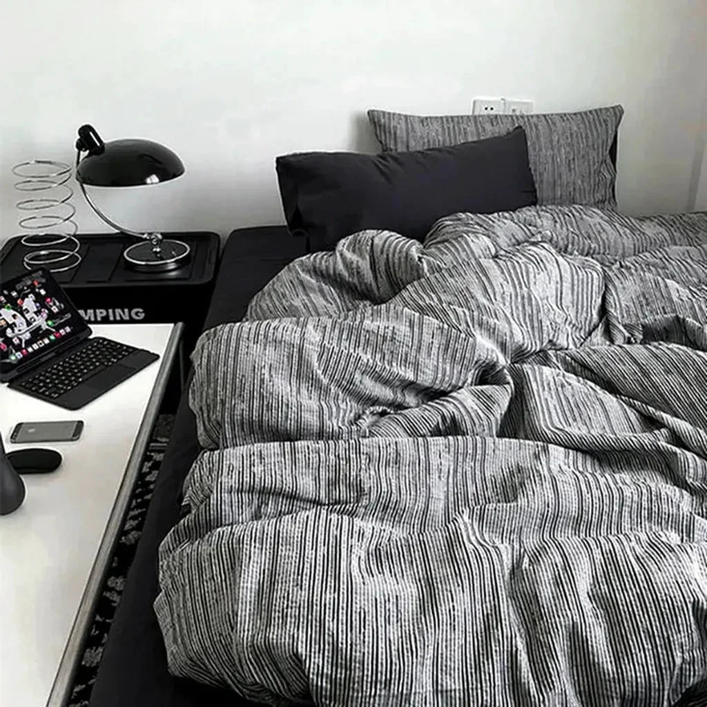 Efficient Reversible Dark Industrial Striped Duvet Cover Artisan