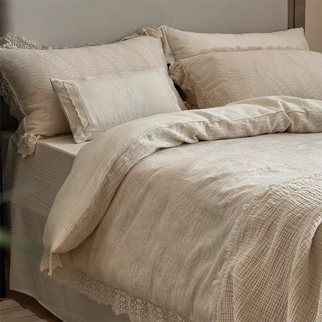 Official Rustic Linen Cotton Duvet Cover with Lace Recyclable