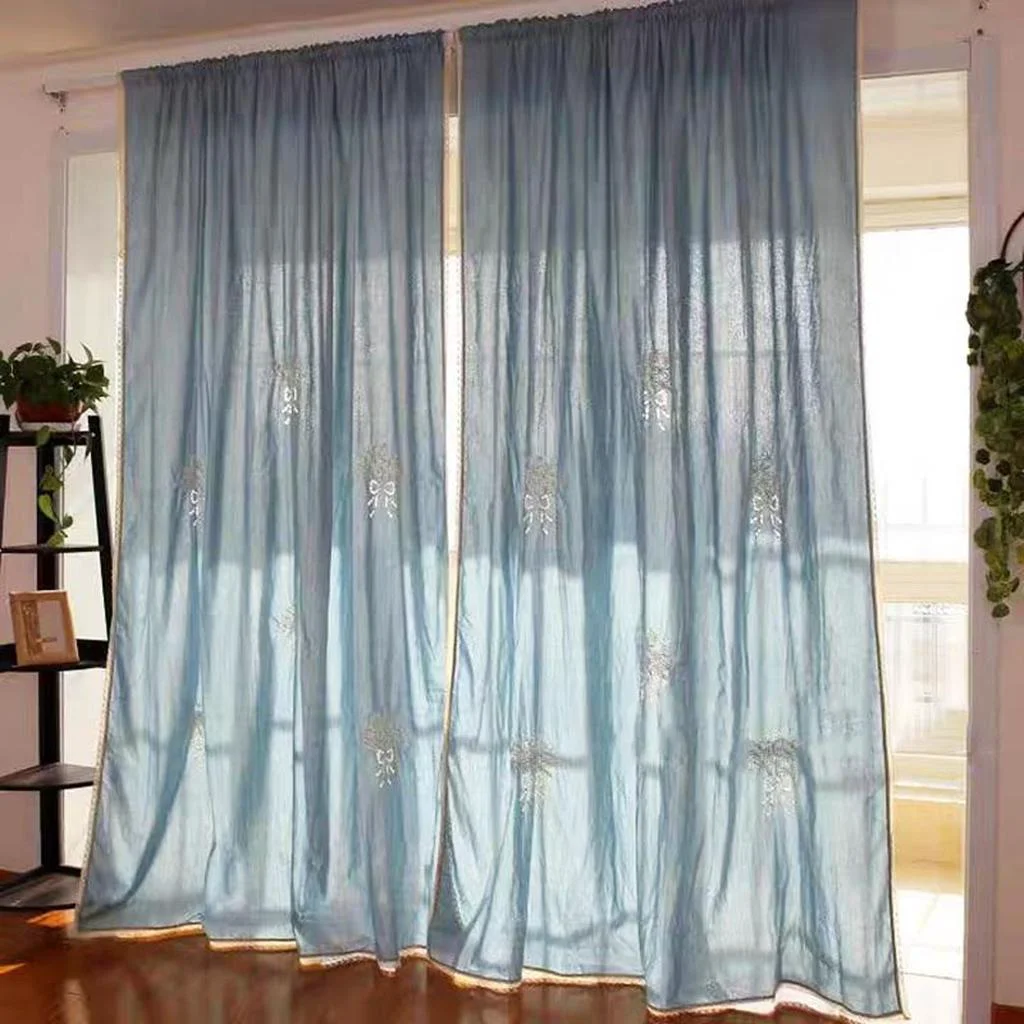 Original Design Blue Bouquet Embroidery Rod Pocket Sheer Curtain Exclusive