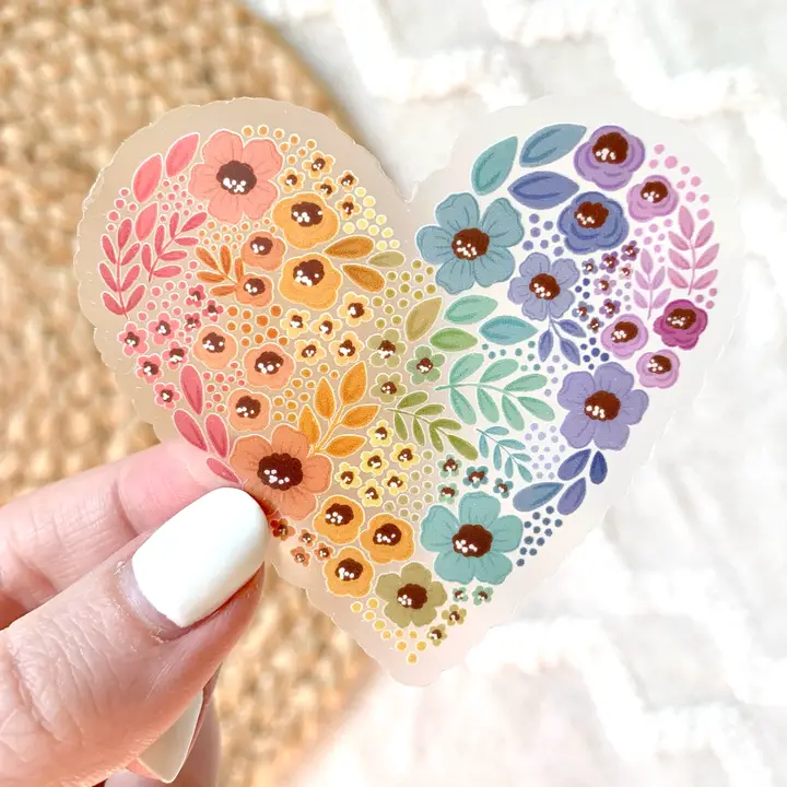 Crafted Clear Rainbow Floral Heart Sticker 2.75x3 Detailed