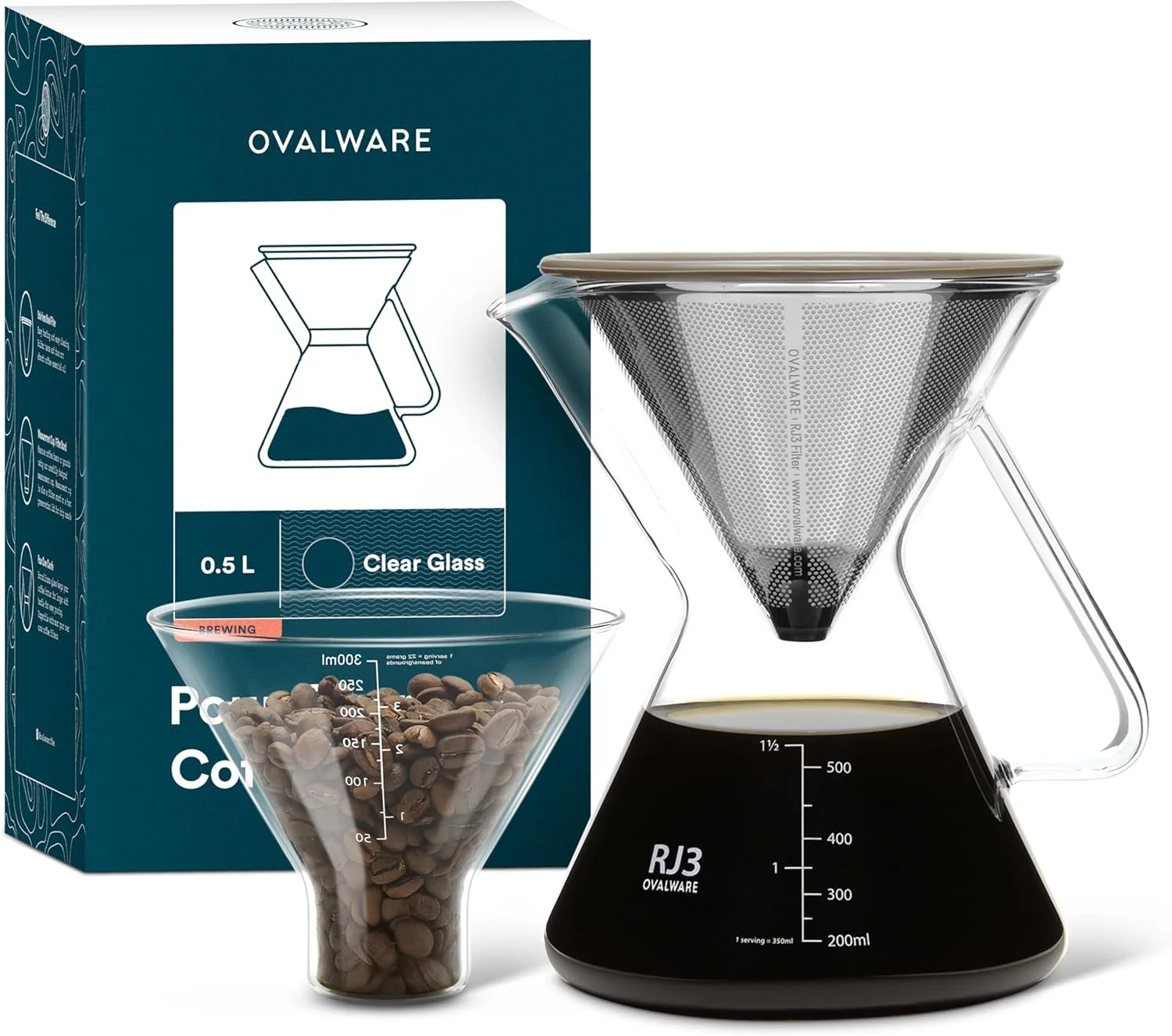 Expertly Made ovalware Pour Over Coffee Maker Set 17oz 0.5L Borosilicate Carafe with 304 Stainless Steel Filter and Precision Measuring Cup Original