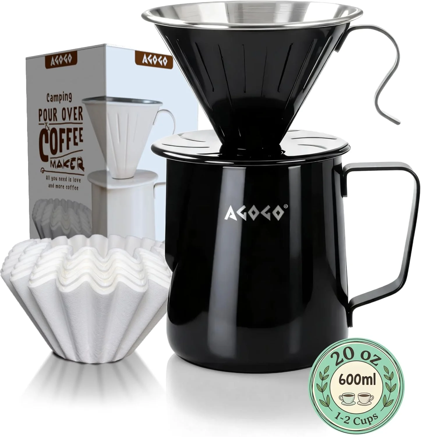 Smooth AGOGO Stainless Pour Over Coffee Maker Set 50 Paper Filters 20oz Black Unbreakable carafe for kitchen RV camp and office includes barista towel lead- food grade 304 stainless steel Sophisticated