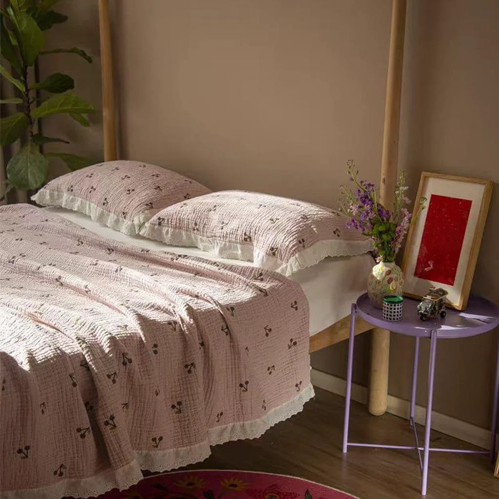Original Design Cute Cherry Blanket with Lace Ruffle Green