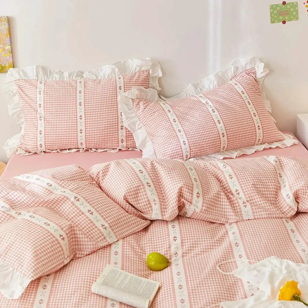 Organic Pink Gingham Ruffle Duvet Cover Set Original