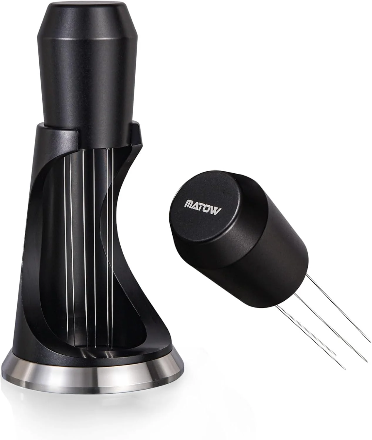 Outstanding MATOW 6 Prong WDT Espresso Tool with Weighted Stand 0.4mm Thin Pins Anodized Aluminum Handle Self Aligning Catch Tray Stand Reduce Channeling Stylish
