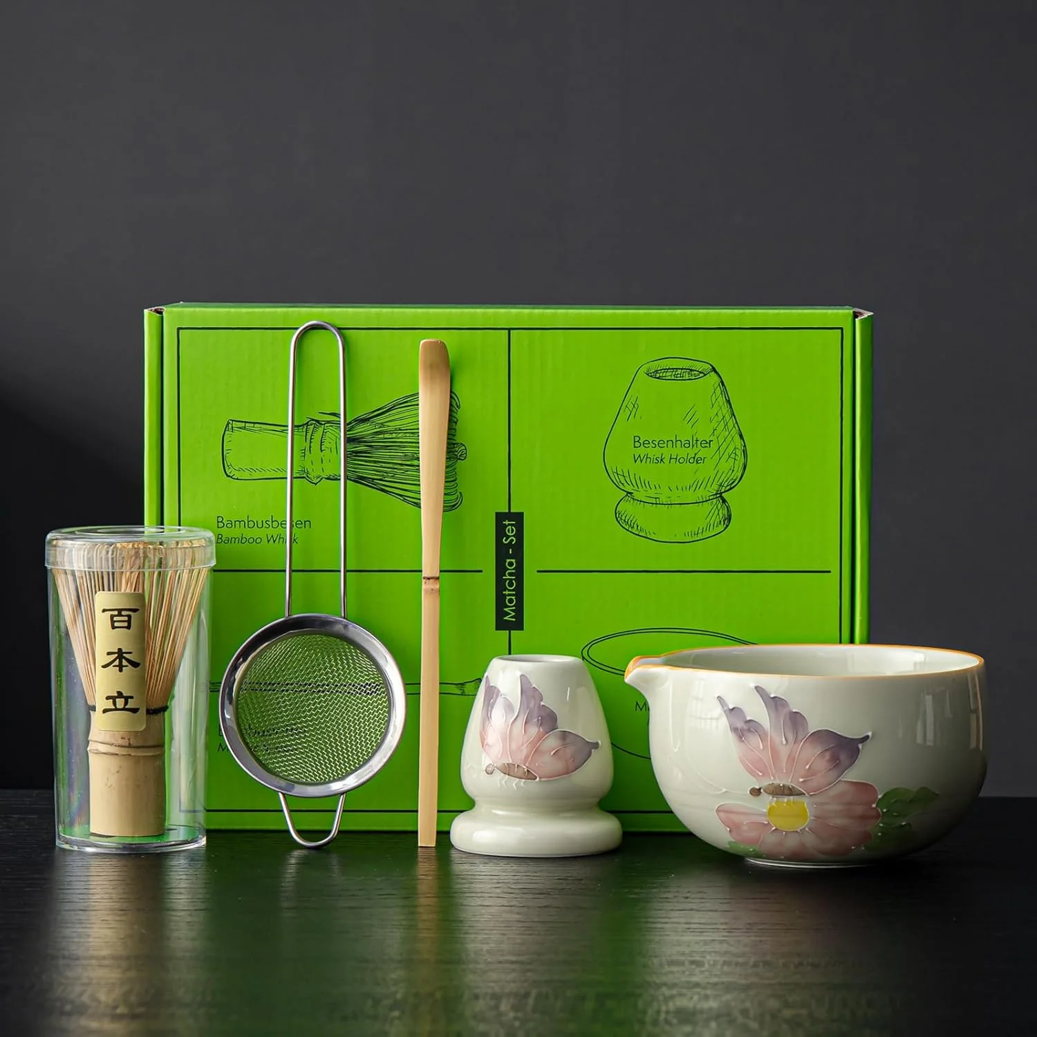 Reusable Matcha Set Matcha Whisk Set Includes Hand-Drawn Matcha Bowl with Spout Bamboo Whisk Matcha Whisk Holder Bamboo Scoop Sifter - 5pcs Matcha Kit for Matcha Tea Ceremony Lightweight
