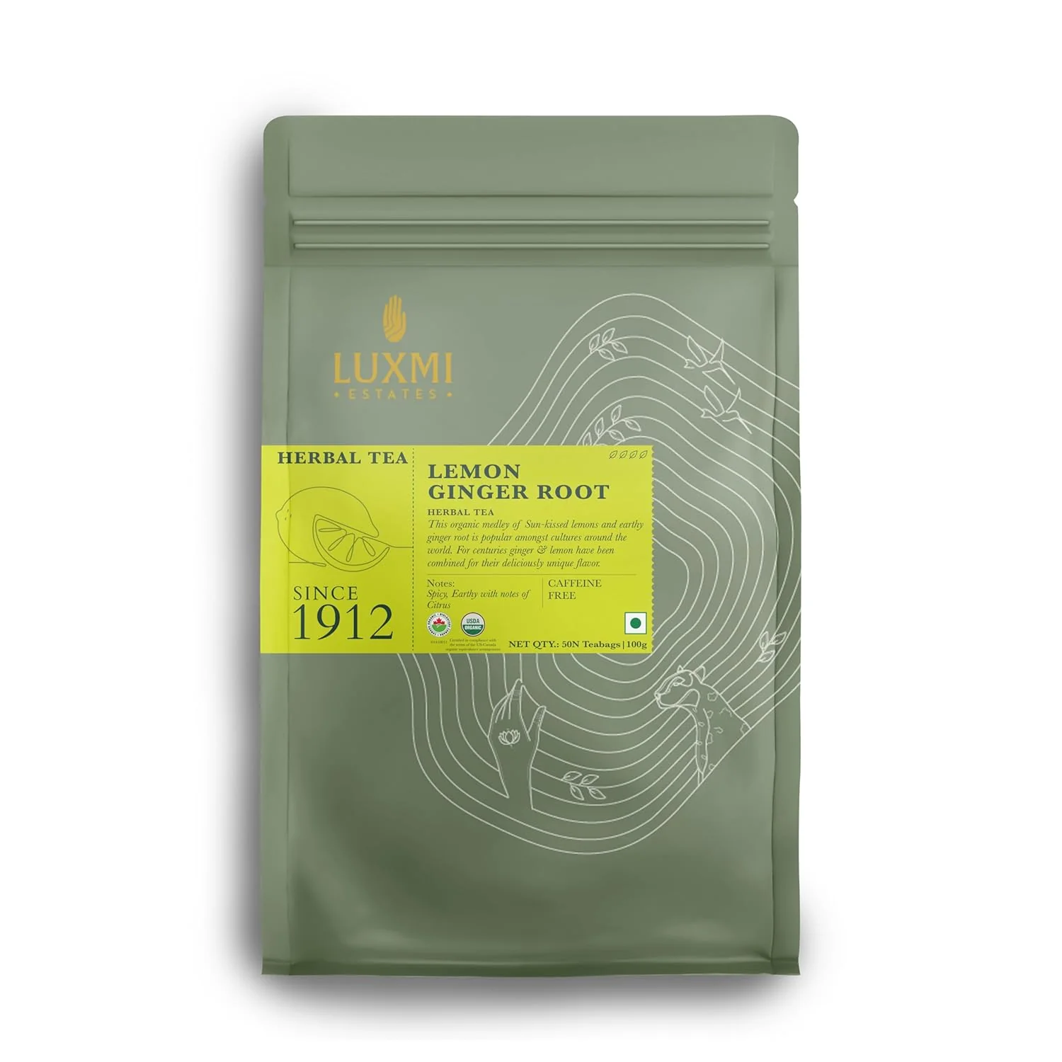 High-Performance Luxmi Estates Organic Lemon Ginger Tea 50 Tea Bags Lemon Peel Ginger Lemongrass and Licorice for sore throat aids digestion help with Nausea High-End