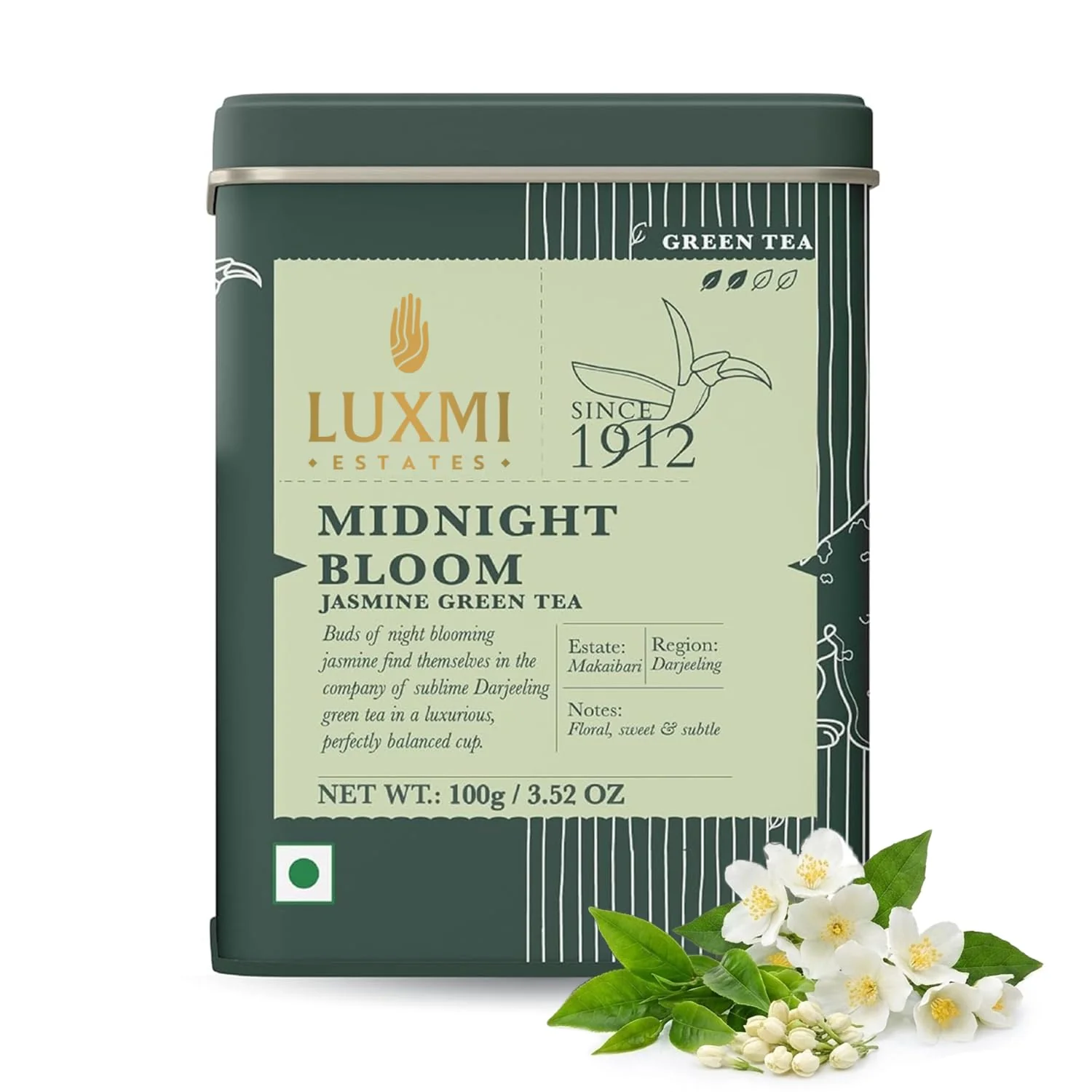 Certified Luxmi Estates Jasmine Green Loose Leaf Tea 100g 3.52oz 50 cups Midnight Bloom in Tin Caddy Classic
