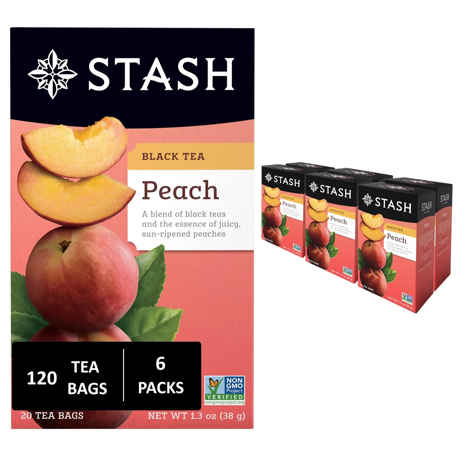 Sophisticated Stash Tea Peach Black Tea 6 Boxes With 20 Tea Bags Each 120 Tea Bags Total Versatile
