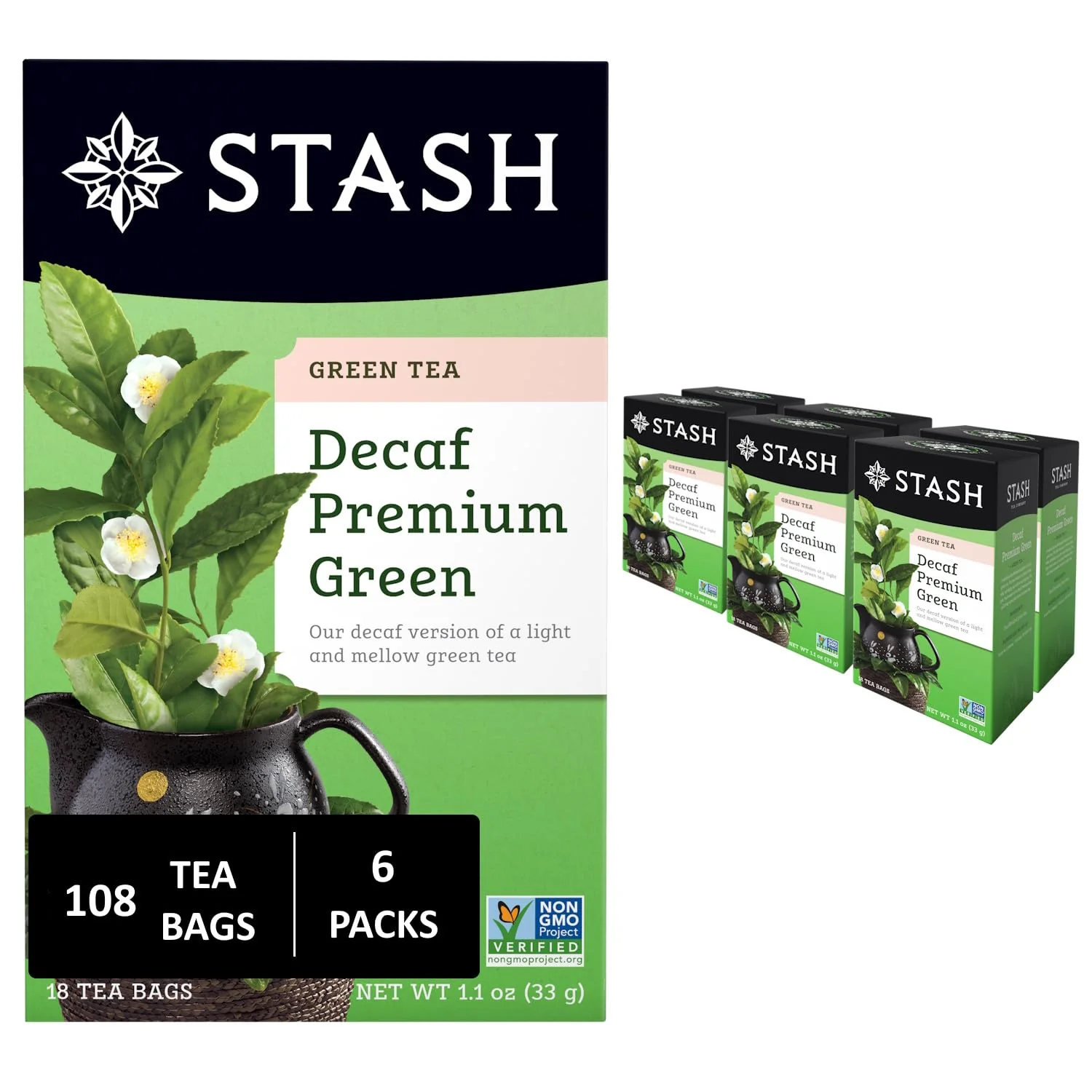Organic Stash Tea Decaf Premium Green Tea - Decaf Non-GMO Project Premium Tea with No Artificial Ingredients 18 Count Pack of 6 - 108 Bags Total Artisan