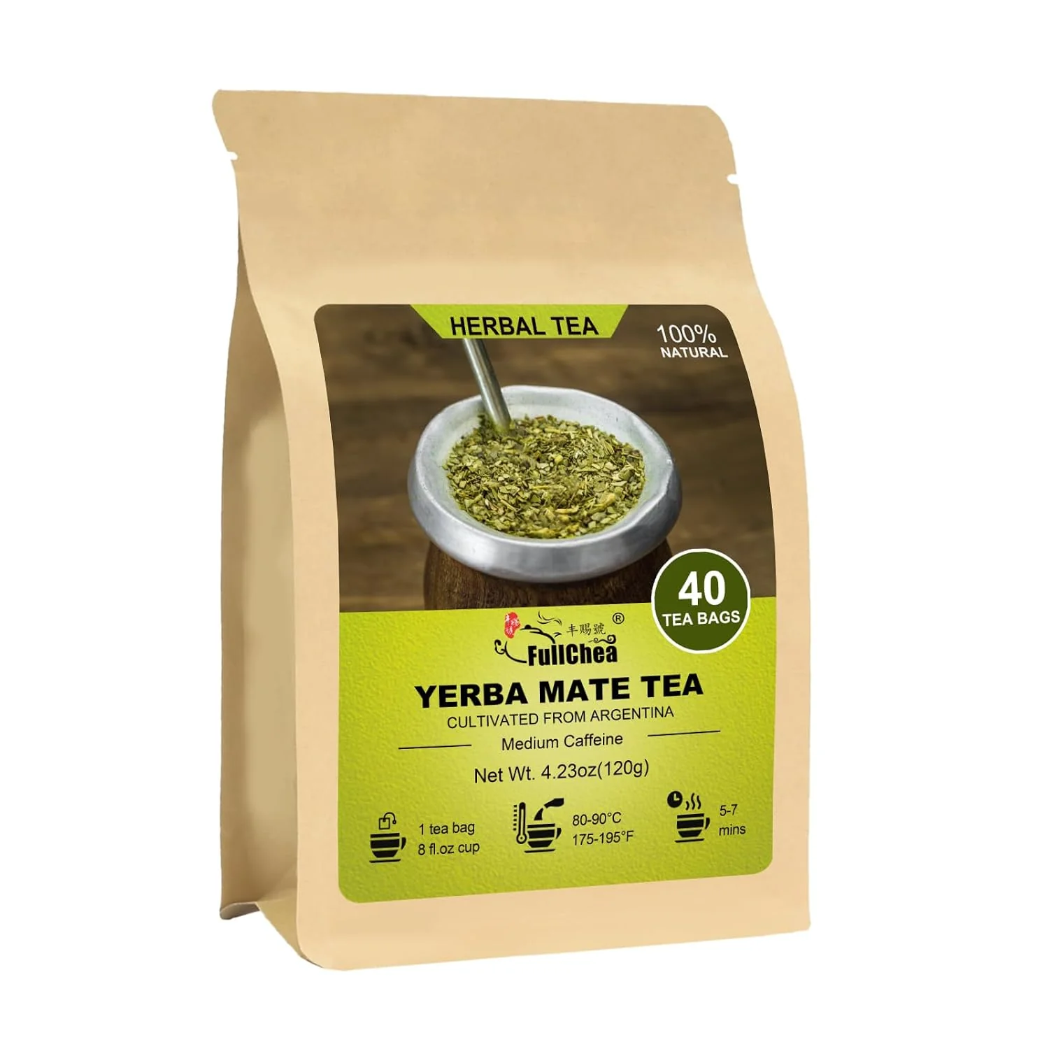 Lightweight FullChea - Yerba Mate Tea 40 Count Unsmoked Cultivated From Argentina Unsmoked yerba mate rich in antioxidants and plant nutrients suitable for daily energizing tea High-Performance