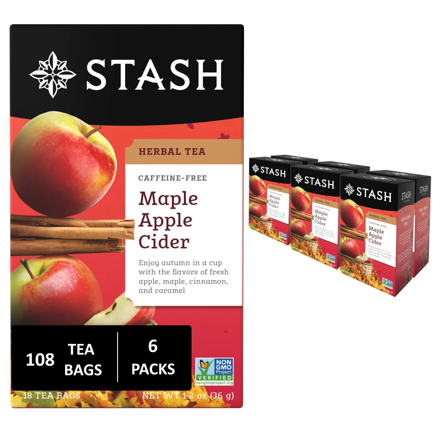Healthy Stash Tea Maple Apple Cider Herbal Tea - Naturally Caffeine Non-GMO Project Premium Tea with No Artificial Ingredients 18 Count Pack of 6 - 108 Bags Total Recyclable