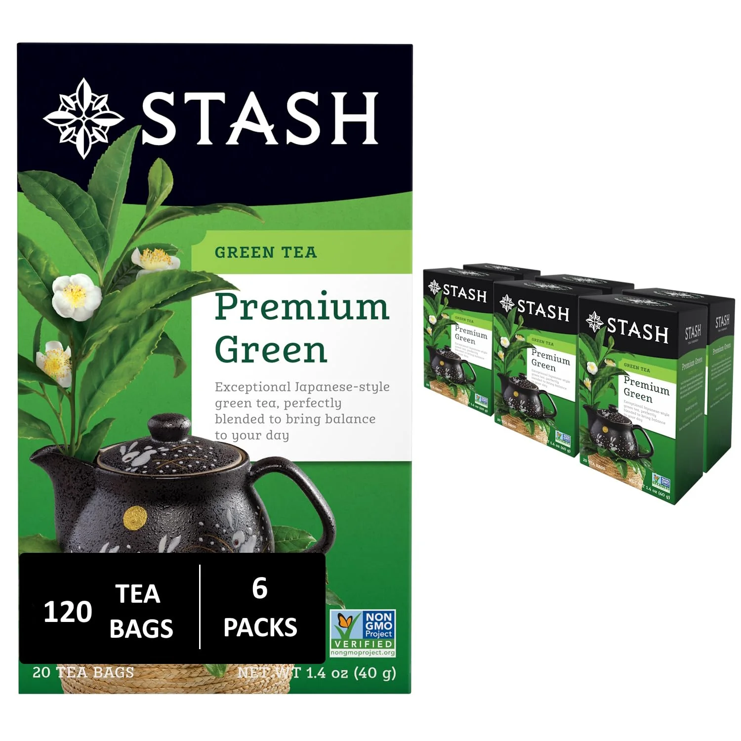 Elegant Stash Tea Premium Green Tea 20 Count Box of Tea Bags in Foil Pack of 6 Fast