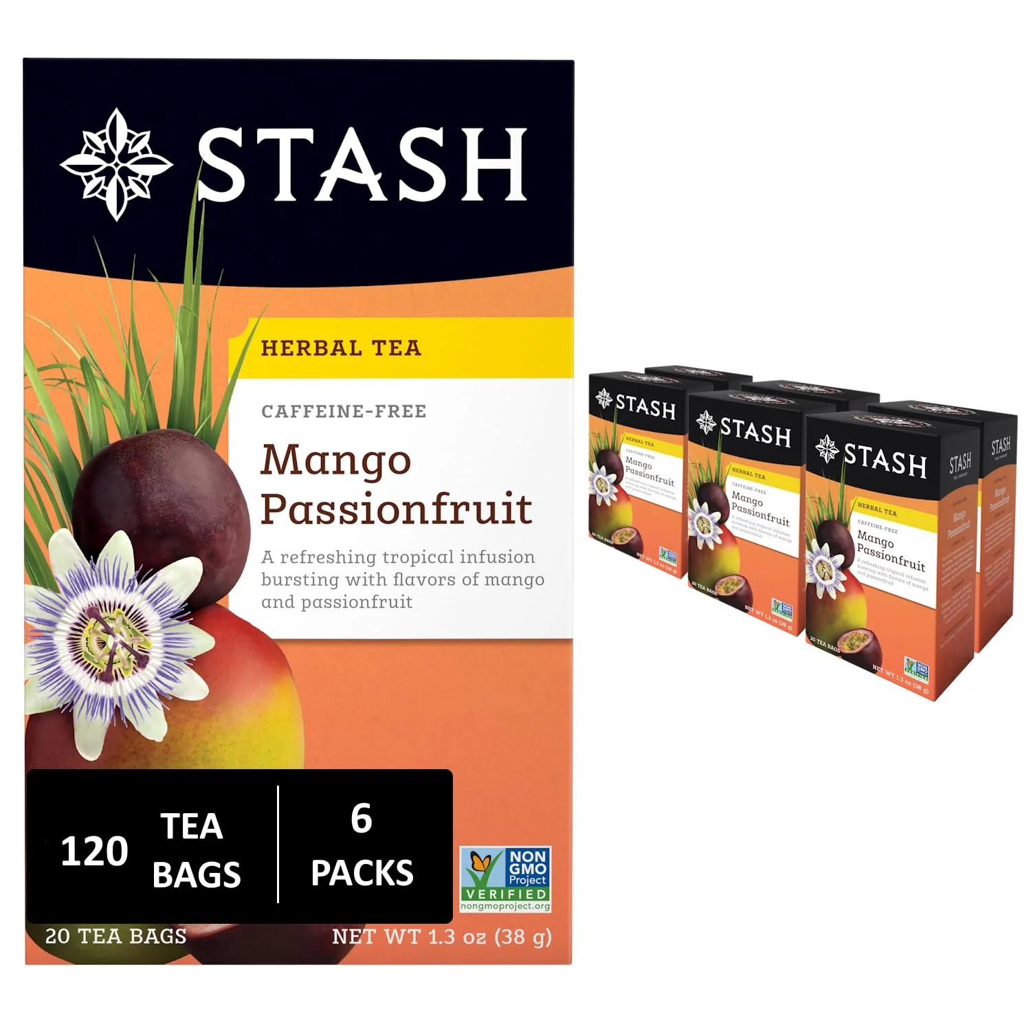 Healthy Stash Tea Mango Passionfruit Herbal Tea - Naturally Caffeine Non-GMO Project Premium Tea with No Artificial Ingredients 20 Count Pack of 6 - 120 Bags Total Environmentally Friendly