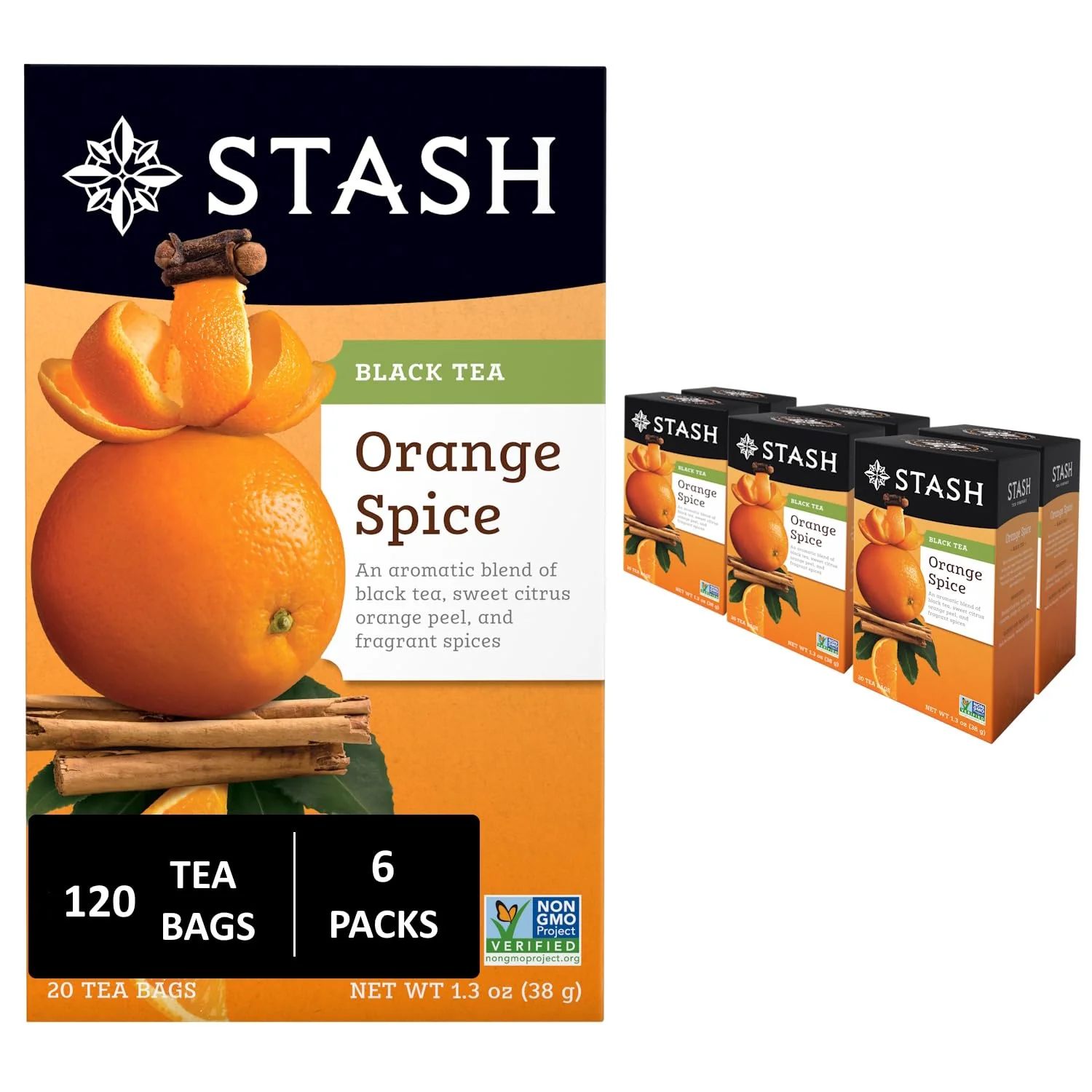 Easy-to-Use Stash Tea Orange Spice Black Tea - Caffeinated Non-GMO Project Premium Tea with No Artificial Ingredients 20 Count Pack of 6 Enhanced
