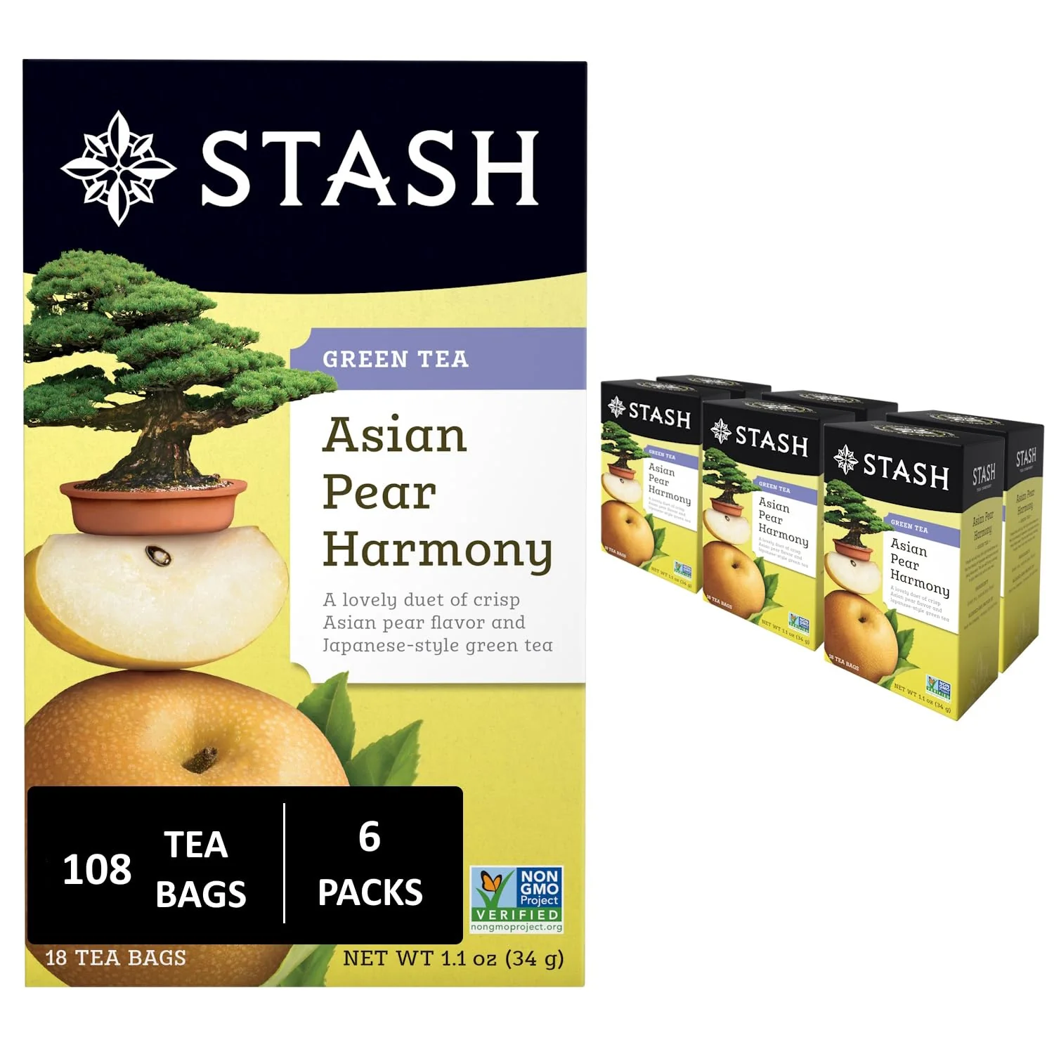 Lightweight Stash Tea Asian Pear Harmony Green Tea - Caffeinated Non-GMO Project Premium Tea with No Artificial Ingredients 18 Count Pack of 6 - 108 Bags Total Trendy