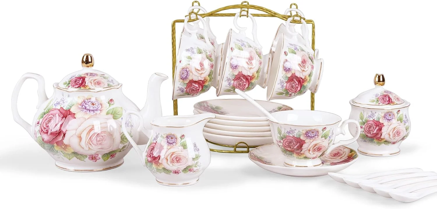 Organic fanquare European Porcelain Coffee Set Pink Women Tea Set Bone China Tea Set Vintage Floral Coffee Tea Pot with Cups Official